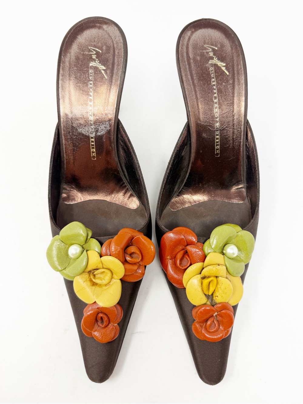 Giuseppe Zanotti Floral Mule Heels Brown Satin Pointed Toe Womens Size EU 39 - Picture 2 of 10